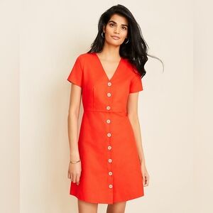 NEW Ann Taylor Cotton Linen Button Flare Dress Red Size 4 Petite Sundress